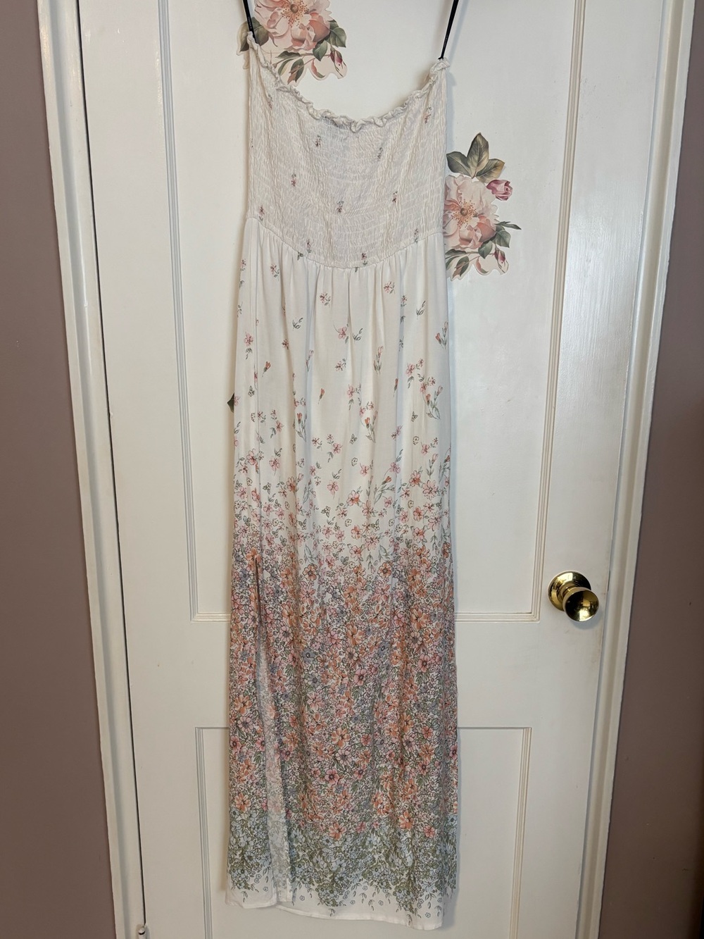 Forever 21’s White Smocked Strapless Tube Maxi Dress with Pink Floral Accents